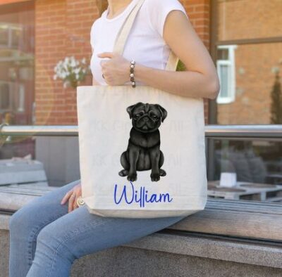 Personalised Black Pug Large Tote Bag