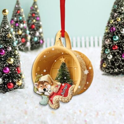 Personalized Shiba Inu Dog Sleeping in Yellow Tiny Cup Ornament