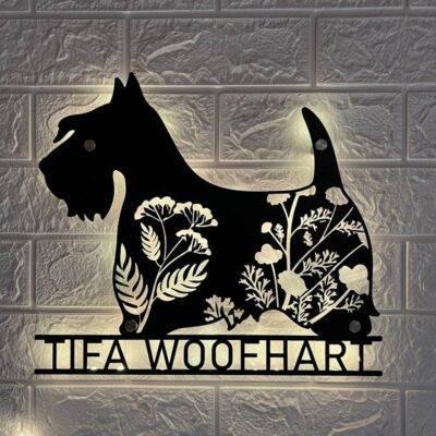 Personalized Floral Scottish Terrier Metal Wall LED Light