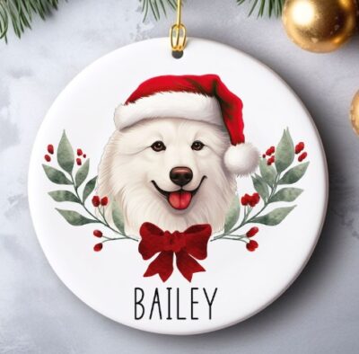 Personalized Samoyed Christmas Bow Ornament