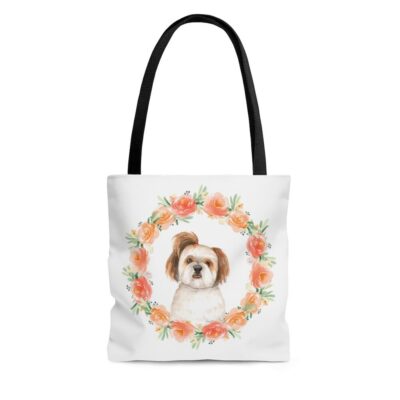 Personalized Shih Tzu and Peach Floral Wreath Tote Bag