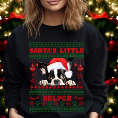 Santa Little Helper Boston Terrier Christmas Ugly Sweatshirt