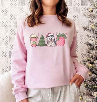 Siberian Husky Shirt Gift Pink Coffee Christmas Sweatshirt