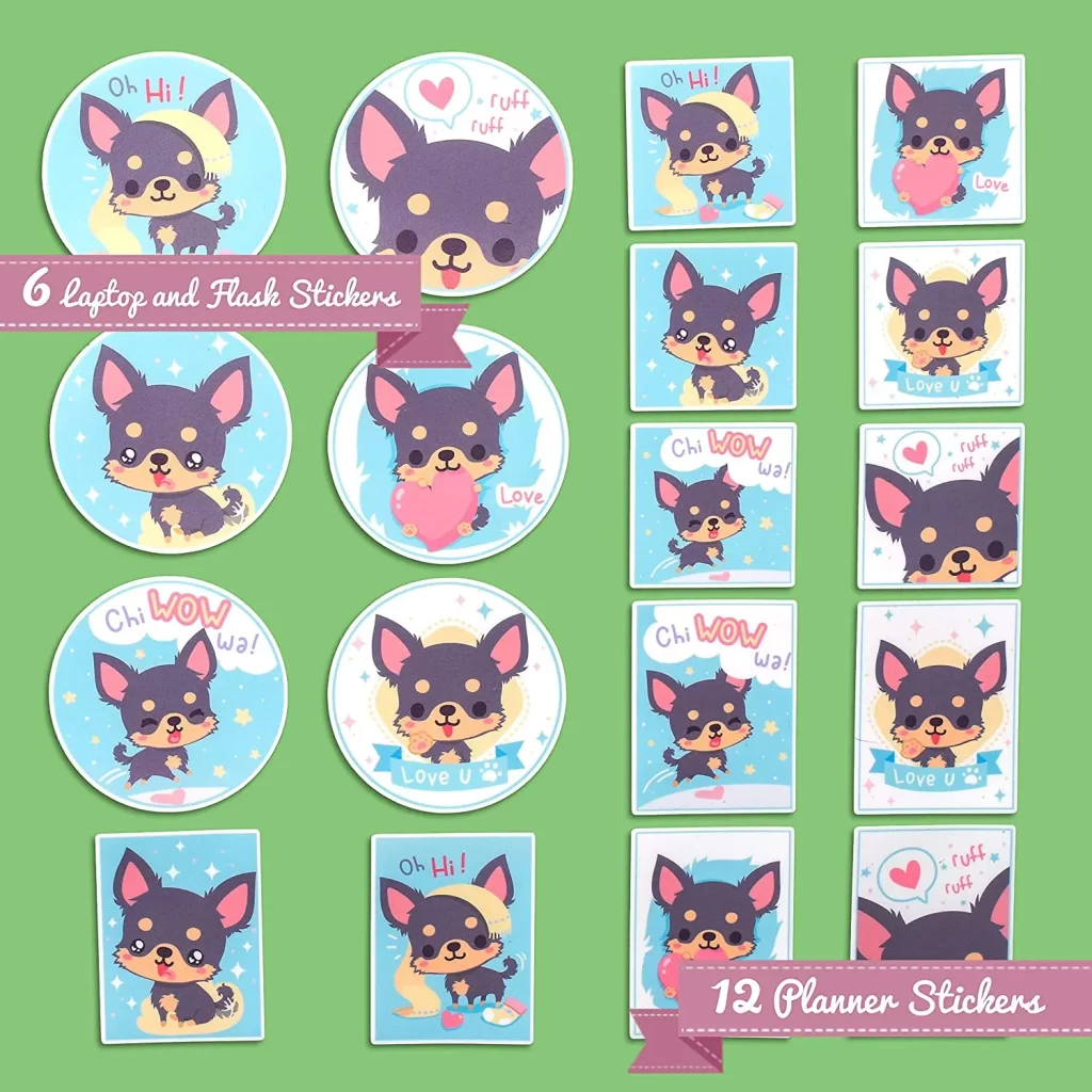 kf H4de77ac4aad2443a9c4f249655fff20dM 18 Pcs Lively Chihuahua Puppy Sticker Set Square Vertical and Round Decals for Laptops Water Bottles - Dog Gifts Store